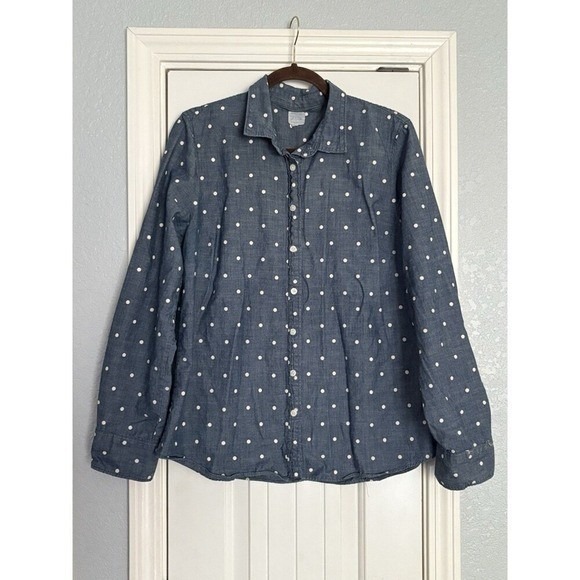 J.Crew Chambray Polka Dot Button Down Shirt Large Blue Denim Casual Preppy - Picture 2 of 5